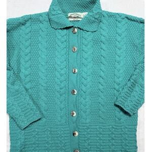 Aran Crafts Vtg Merino Wool Cardigan Teal Aqua Collared Cabincore Unisex Sz Lg